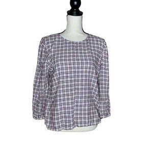 Treasure & Bond White Purple Plaid Balloon Sleeve Top Women's Size Small S